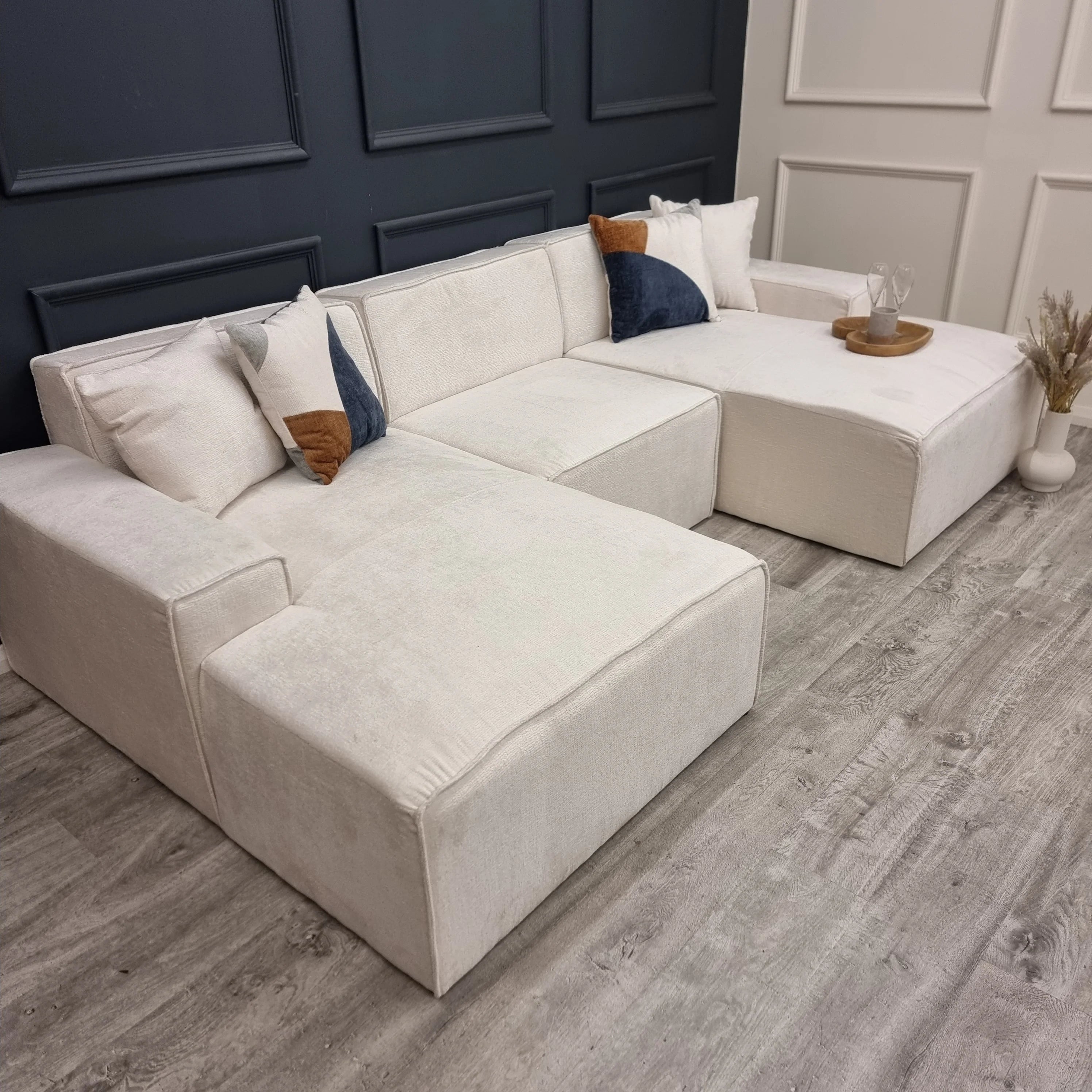 Atlanta Modula U Shape Sofa without Stool in Cream Textured Chenille