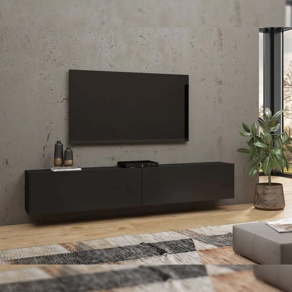 Ava Large Floating TV Unit in Matt Black - 180cm - Wall Mount - UK