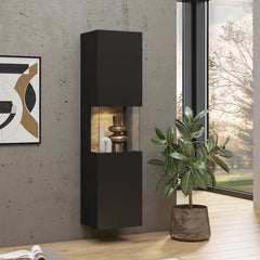 Ava Wooden Tall Display Cabinet in Black Matt & Oak Wotan