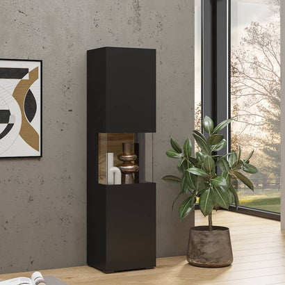 Ava Wooden Tall Display Cabinet in Black Matt & Oak Wotan