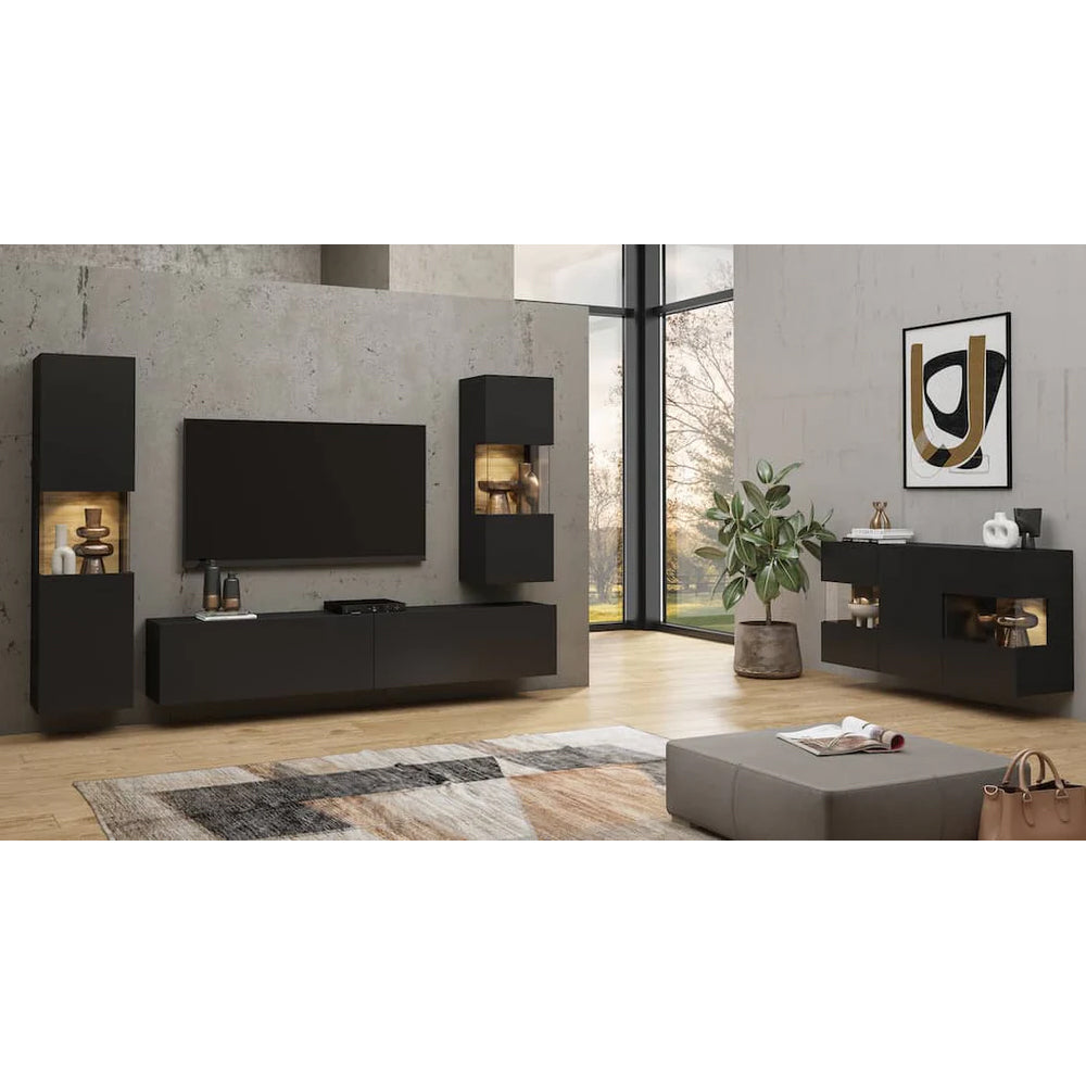 Ava Wooden Tall Display Cabinet in Black Matt & Oak Wotan