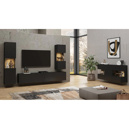 Ava Wooden Tall Display Cabinet in Black Matt & Oak Wotan