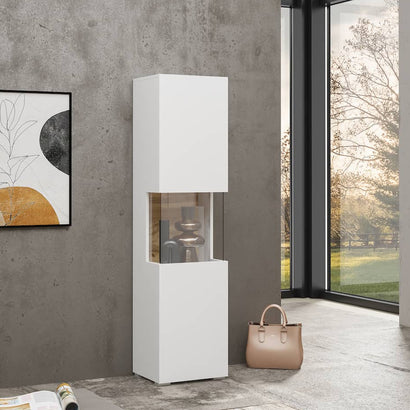 Ava Wooden Tall Display Cabinet in White Matt & Oak Wotan