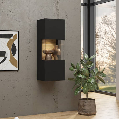Ava Wooden Wall Hung Display Cabinet in Black Matt & Oak Wotan