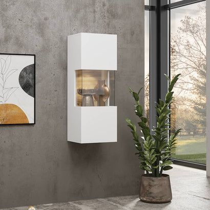 Ava Wooden Wall Hung Display Cabinet in White Matt & Oak Wotan
