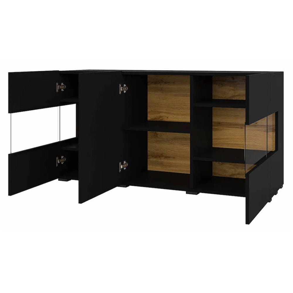 Ava Wooden Wide Display Cabinet in Black Matt & Oak Wotan - 120cm