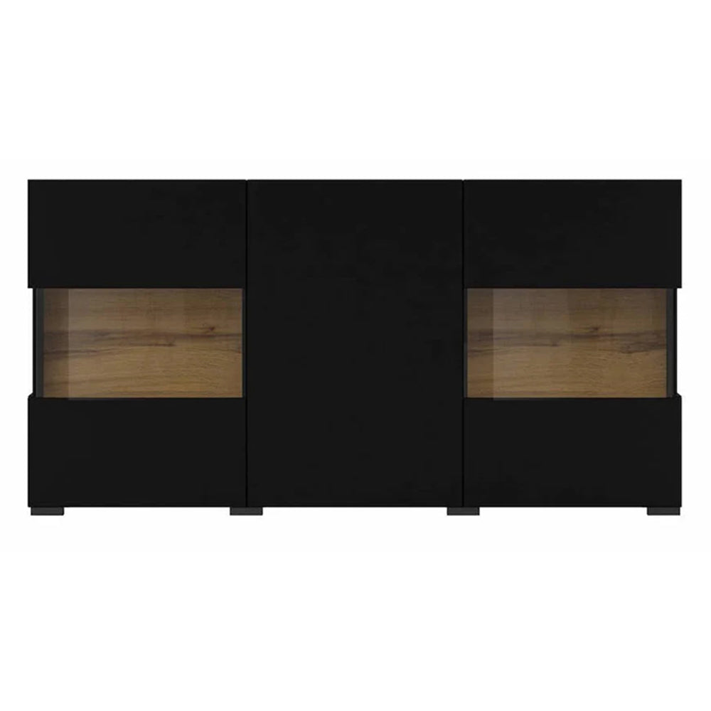 Ava Wooden Wide Display Cabinet in Black Matt & Oak Wotan - 120cm