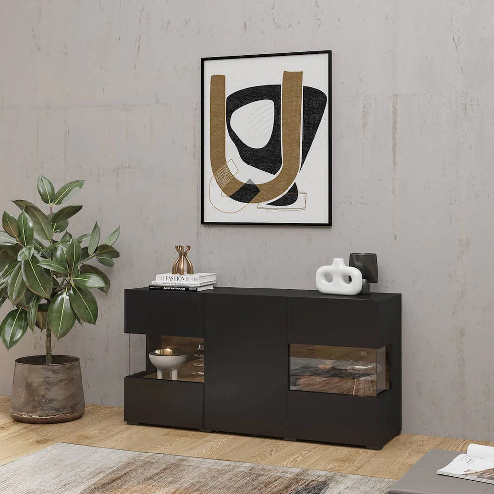 Ava Wooden Wide Display Cabinet in Black Matt & Oak Wotan - 120cm