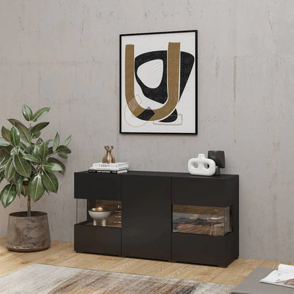 Ava Wooden Wide Display Cabinet in Black Matt & Oak Wotan - 120cm