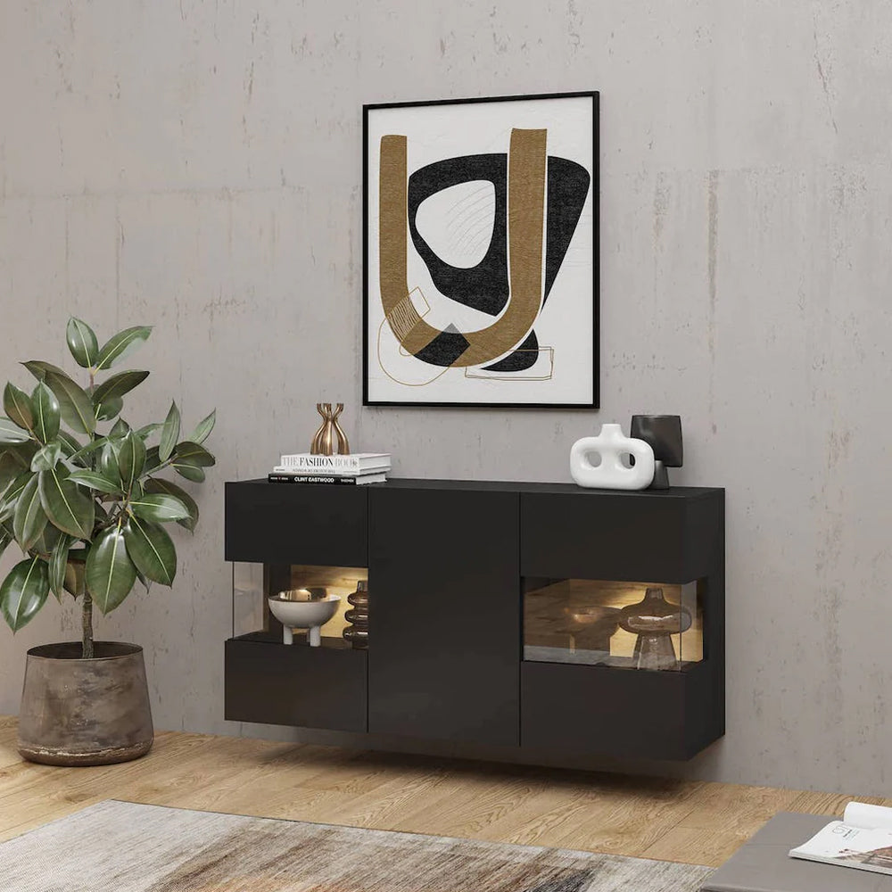 Ava Wooden Wide Display Cabinet in Black Matt & Oak Wotan - 120cm