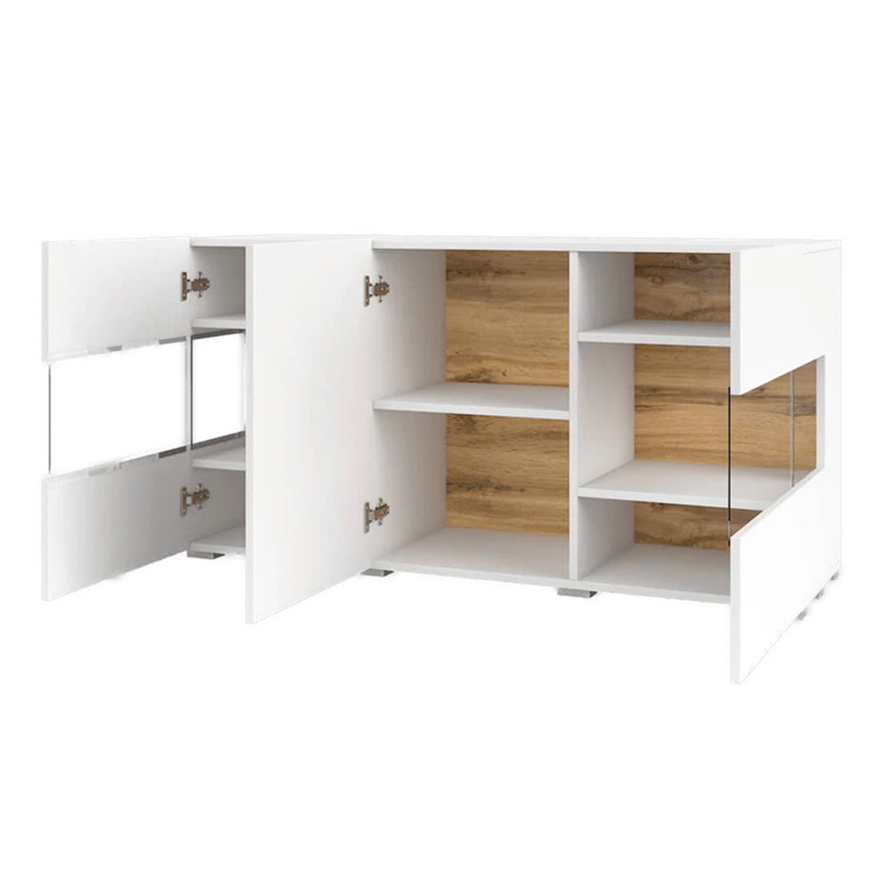 Ava Wooden Wide Display Cabinet in White Matt & Oak Wotan - 120cm