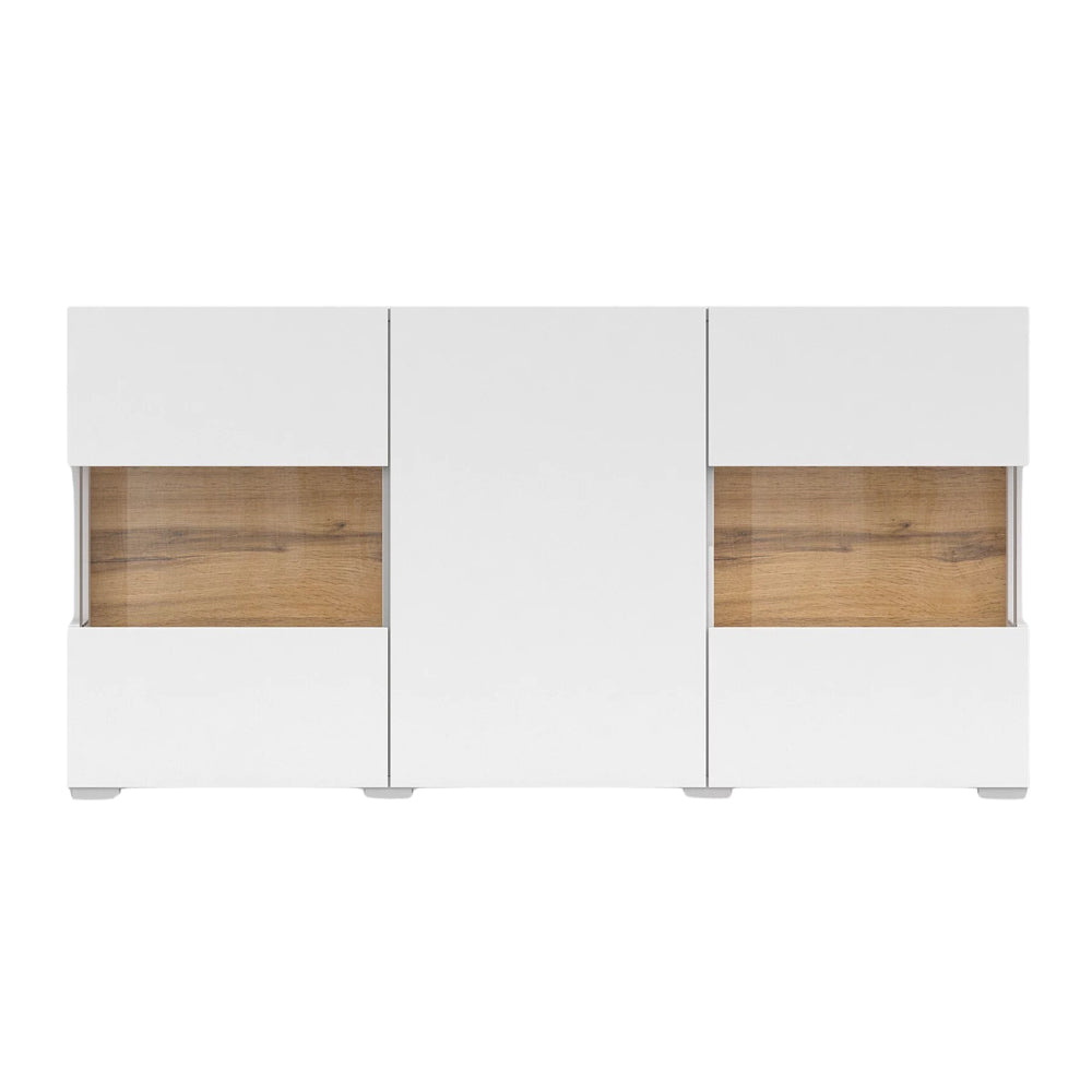 Ava Wooden Wide Display Cabinet in White Matt & Oak Wotan - 120cm