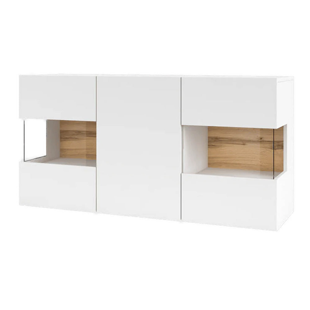 Ava Wooden Wide Display Cabinet in White Matt & Oak Wotan - 120cm
