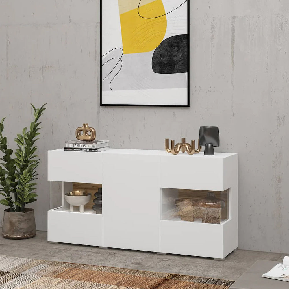 Ava Wooden Wide Display Cabinet in White Matt & Oak Wotan - 120cm