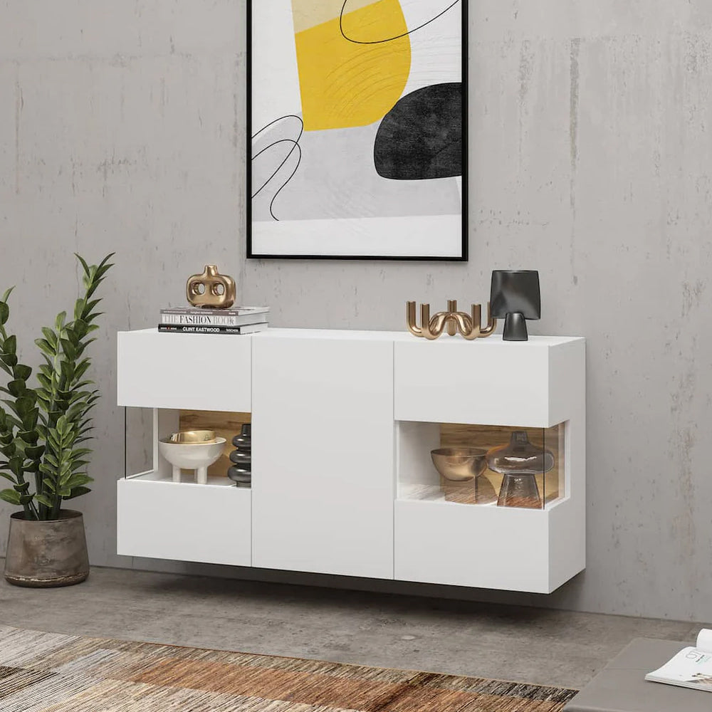 Ava Wooden Wide Display Cabinet in White Matt & Oak Wotan - 120cm