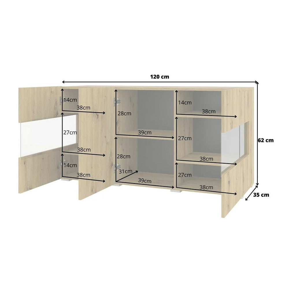 Ava Wooden Wide Display Cabinet in White Matt & Oak Wotan - 120cm