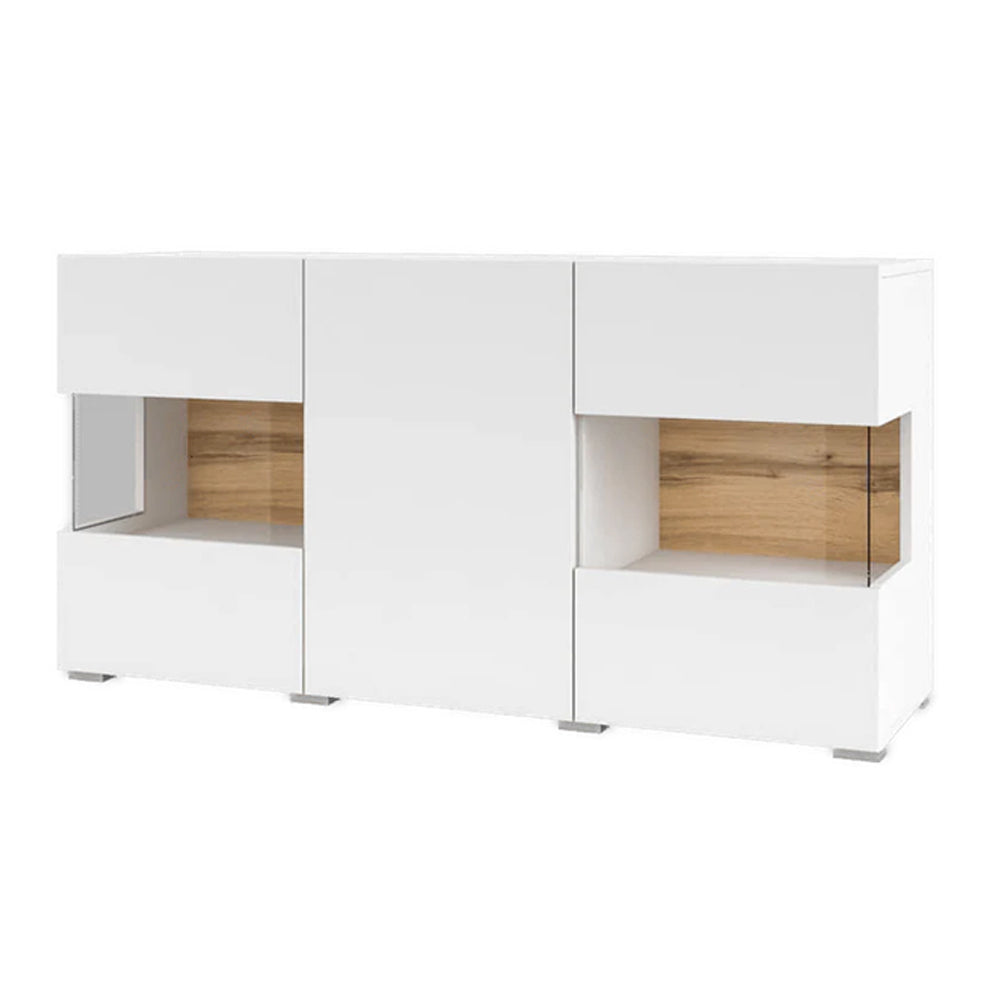 Ava Wooden Wide Display Cabinet in White Matt & Oak Wotan - 120cm