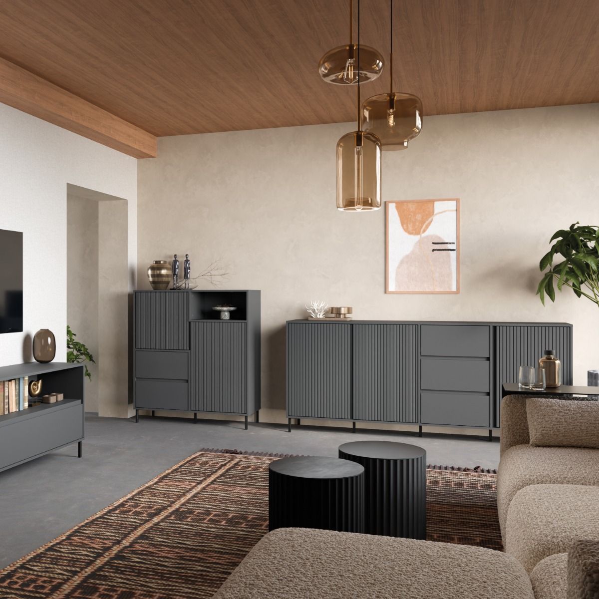 Avenale Wooden Sideboard 3 Door 3 Drawer in Anthracite - Furniture One Shop