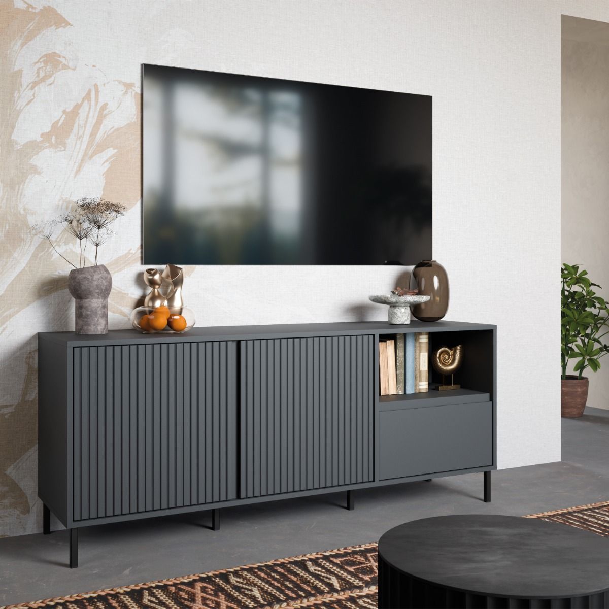 Avenale Small Wooden TV Stand 2 Door 1 Drawer in Anthracite - Furniture One Shop