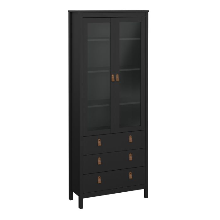 Barcelona China Cabinet 2 Glass Doors with 3 Drawers in Matt Black - Furniture One Shop
