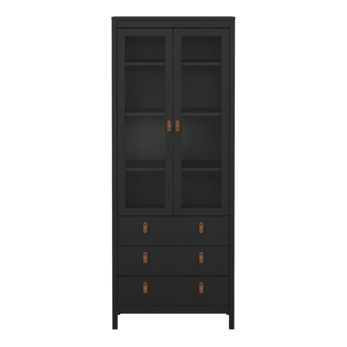 Barcelona China Cabinet 2 Glass Doors with 3 Drawers in Matt Black - Furniture One Shop