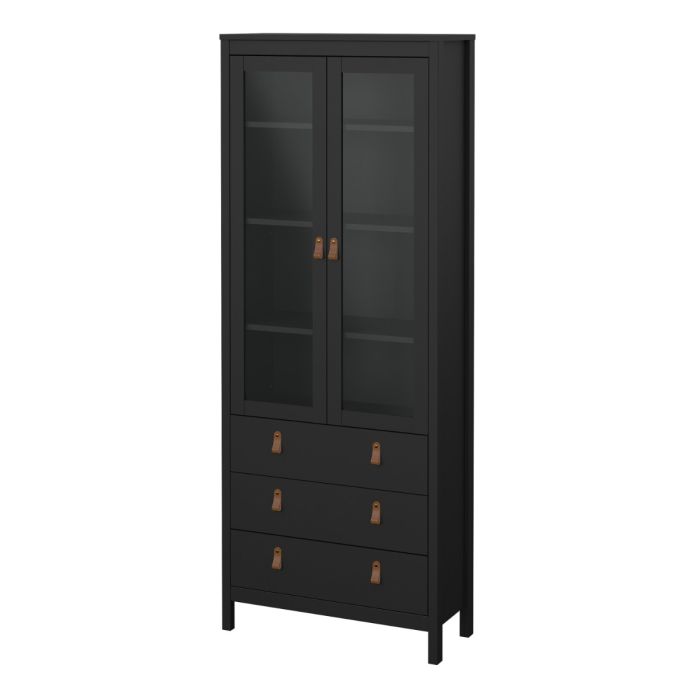 Barcelona China Cabinet 2 Glass Doors with 3 Drawers in Matt Black - Furniture One Shop