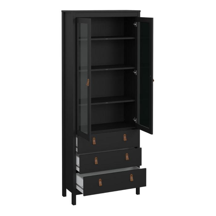 Barcelona China Cabinet 2 Glass Doors with 3 Drawers in Matt Black - Furniture One Shop
