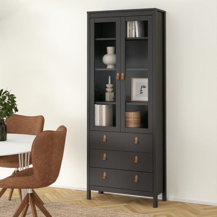 Barcelona China Cabinet 2 Glass Doors with 3 Drawers in Matt Black - Furniture One Shop