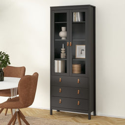 Barcelona China Cabinet 2 Glass Doors with 3 Drawers in Matt Black - Furniture One Shop