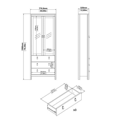 Barcelona China Cabinet 2 Glass Doors with 3 Drawers in White