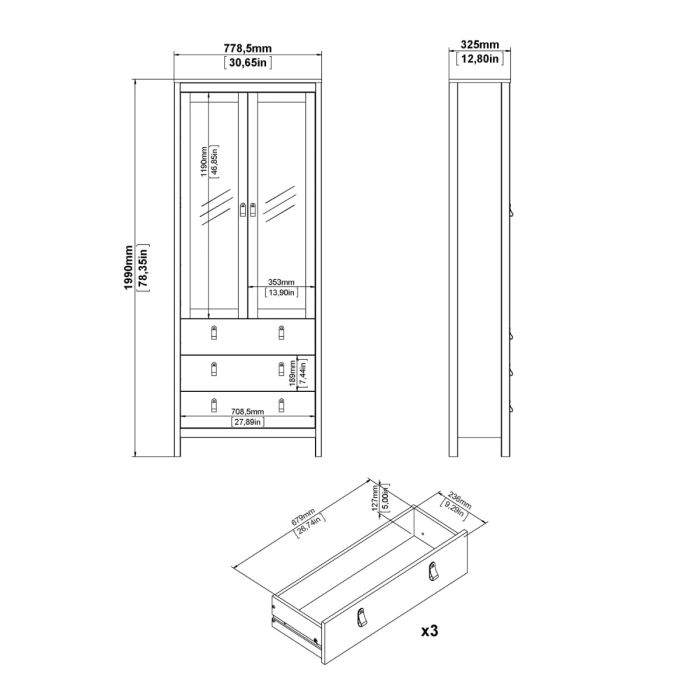 Barcelona China Cabinet 2 Glass Doors with 3 Drawers in White