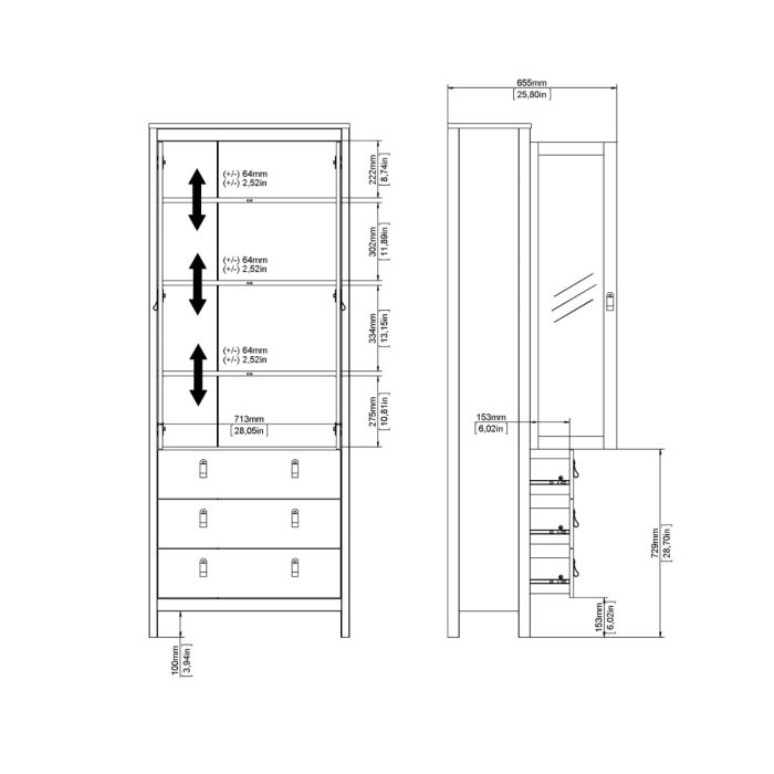 Barcelona China Cabinet 2 Glass Doors with 3 Drawers in White