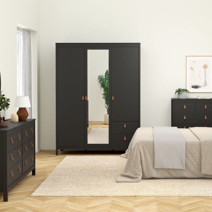 Barcelona Wardrobe with 2 Doors 1 Mirror Door 2 Drawers in Matt Black