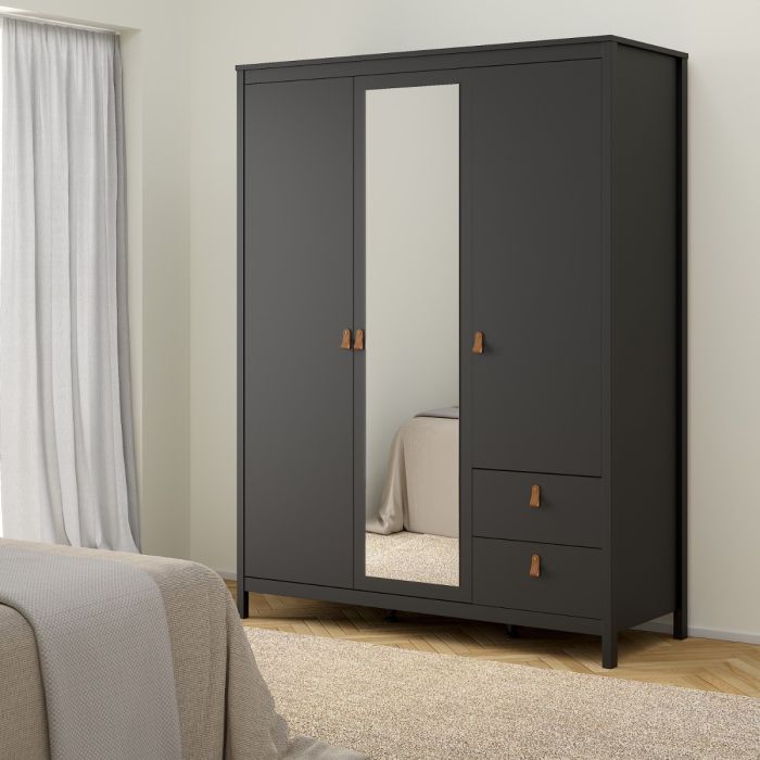 Barcelona Wardrobe with 2 Doors 1 Mirror Door 2 Drawers in Matt Black