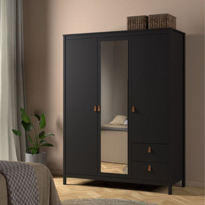 Barcelona Wardrobe with 2 Doors 1 Mirror Door 2 Drawers in Matt Black - Furniture One Shop