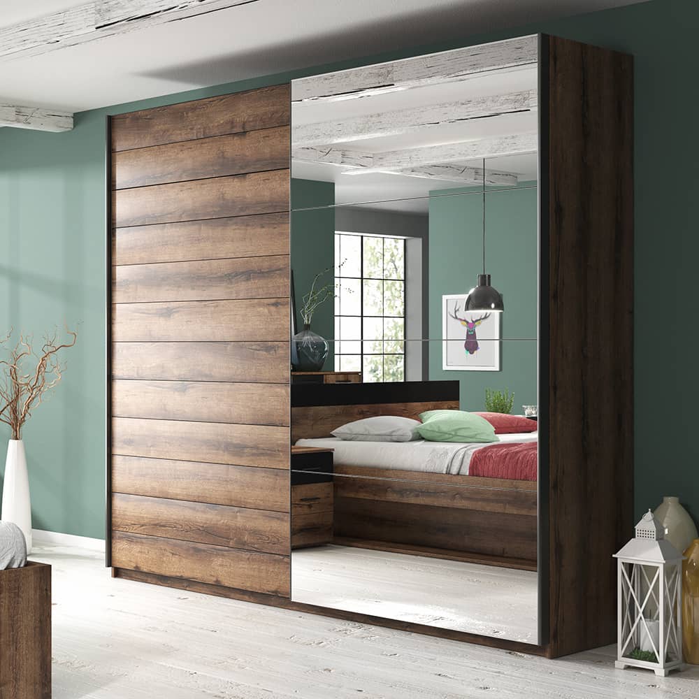 Beta Mirrored Wardrobe With 2 Sliding Doors 180cm In Oak Monastery