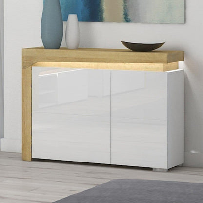 Cadillac 2 Door Small Sideboard In Oak Effect And White Gloss With Lights