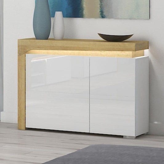 Cadillac 2 Door Small Sideboard In Oak Effect And White Gloss With Lights