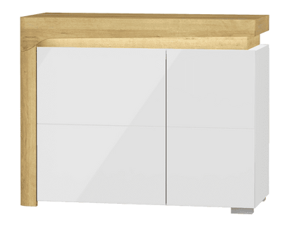 Cadillac 2 Door Small Sideboard In Oak Effect And White Gloss With Lights