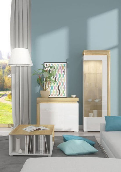 Cadillac 2 Door Small Sideboard In Oak Effect And White Gloss With Lights