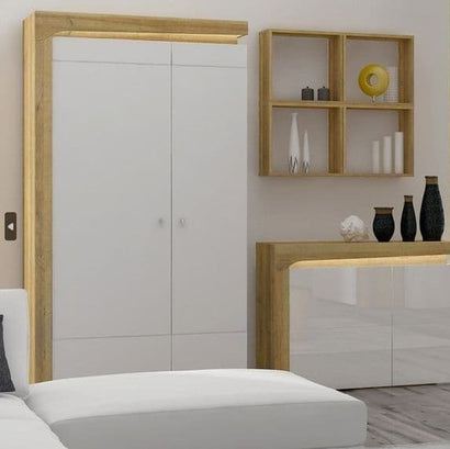 Cadillac 2 Door Wardrobe In Oak Effect And White Gloss With LED Lights