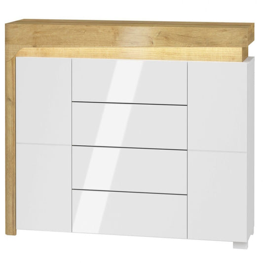 Cadillac 2 Doors 4 Drawers Sideboard In Oak Effect And White Gloss With Lights
