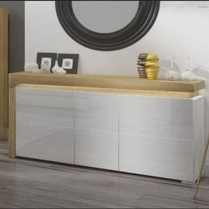 Cadillac 3 Door Sideboard In Oak Effect and White Gloss With Lights