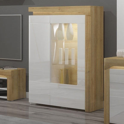 Cadillac Low Wide Display Cabinet In Oak Effect And White Gloss with LED Lights
