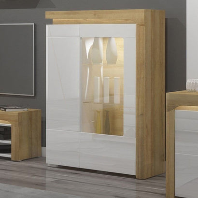 Cadillac Low Wide Display Cabinet In Oak Effect And White Gloss with LED Lights