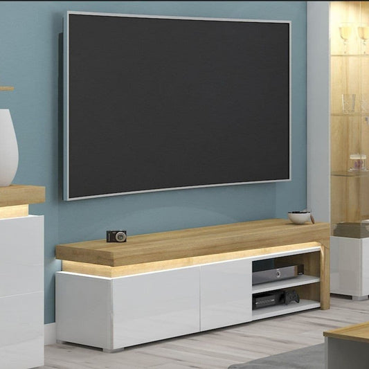 Cadillac TV Stand In Oak Effect And White Gloss With Lights