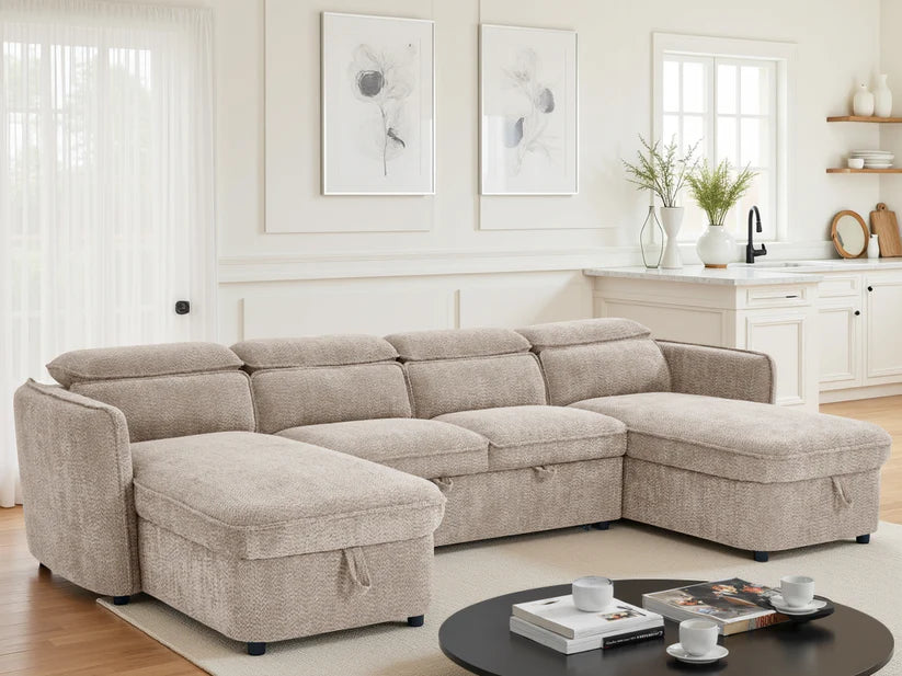 Capri Beige U-Shape Corner Sofa Bed with Storage - Furniture One Shop