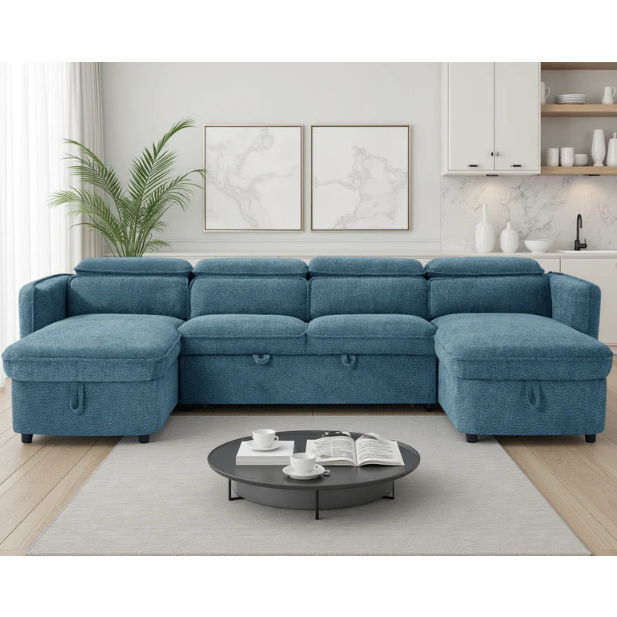Capri Blue U-Shape Corner Sofa Bed with Storage