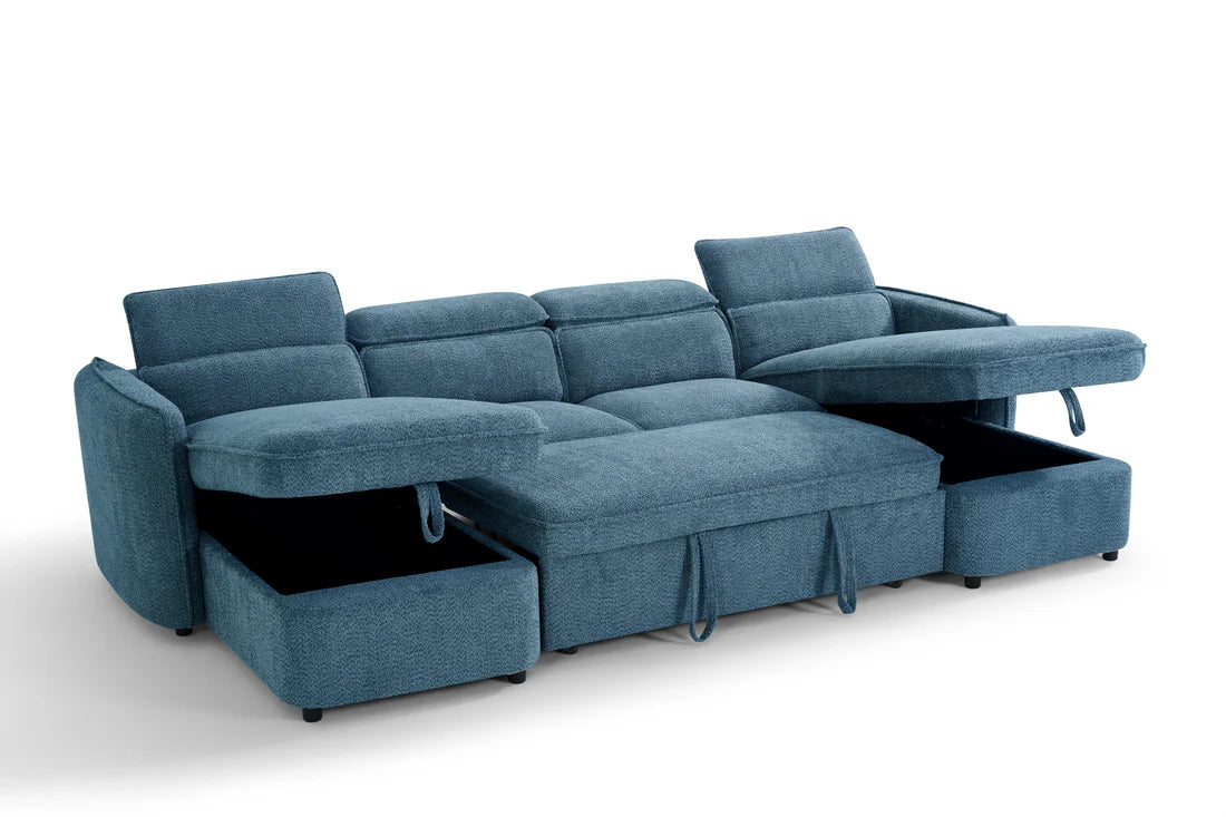 Capri Blue U-Shape Corner Sofa Bed with Storage - Furniture One Shop