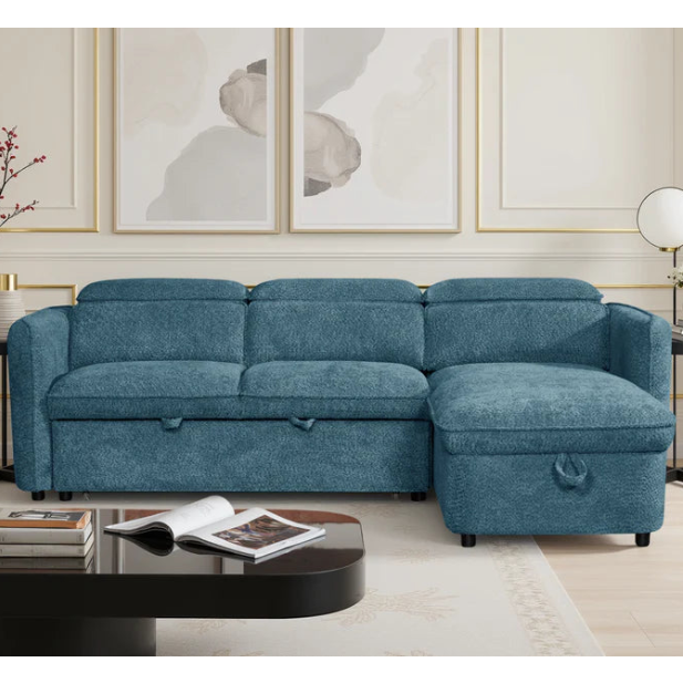 Capri Universal Corner Sofa Bed In Blue Fabric with Storage